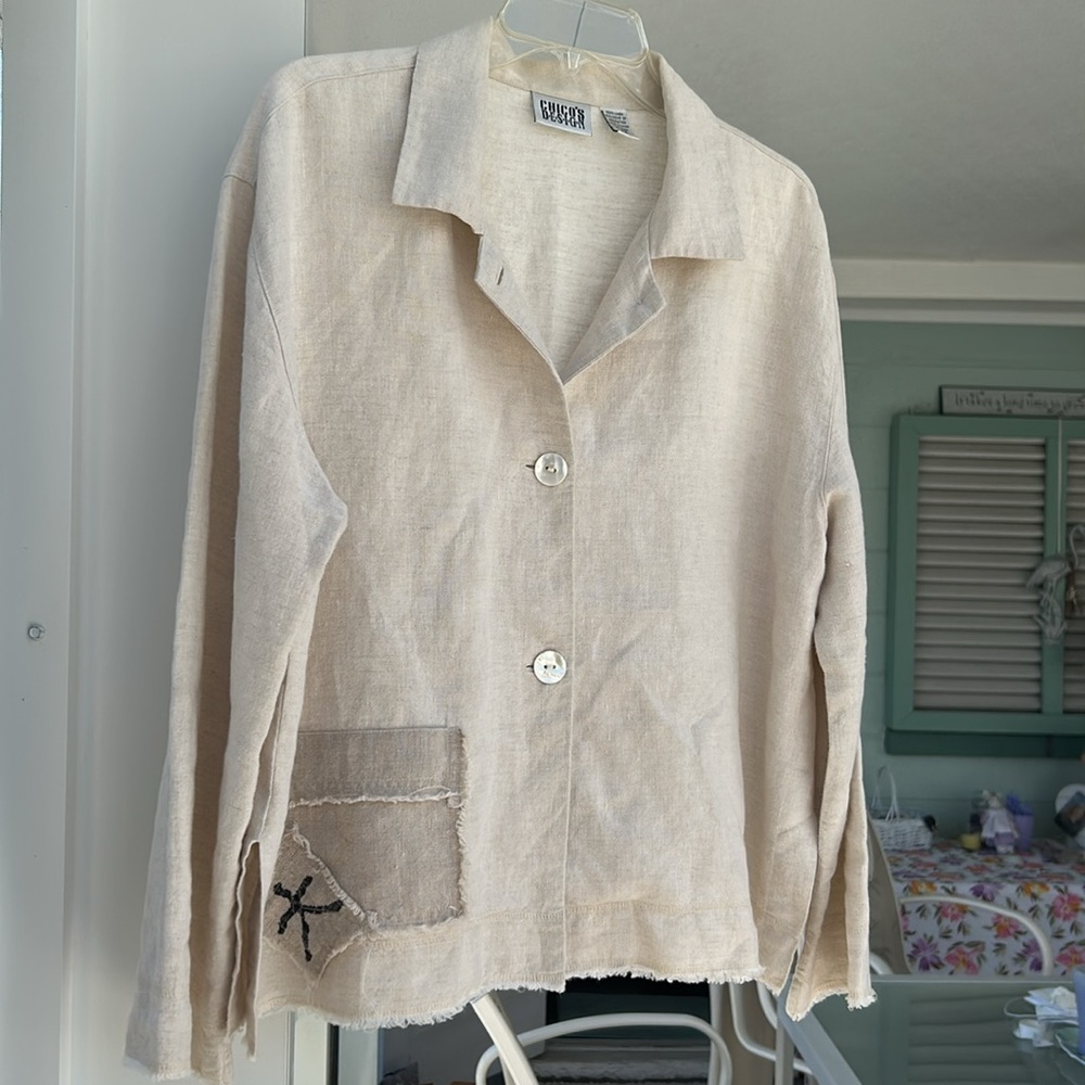 CHICO’S DESIGN Button-Up Jacket with Patch Detail Size 2 💯 % LINEN - Picture 8 of 15